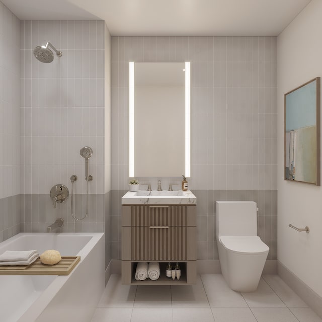 full bathroom with toilet, vanity, tile walls, and tile patterned floors