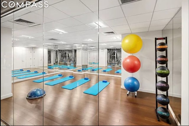 workout area with a drop ceiling and hardwood / wood-style flooring