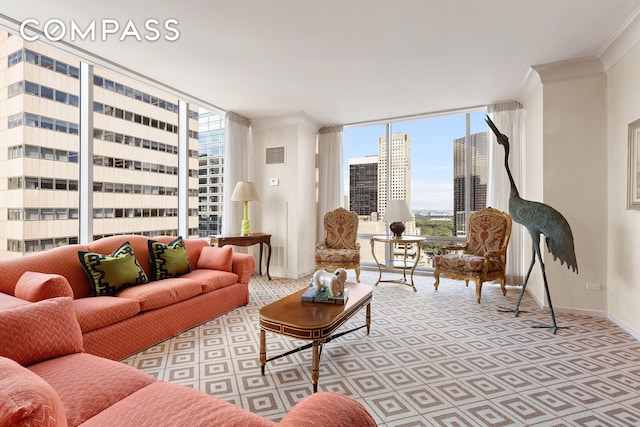 living room featuring baseboards, visible vents, ornamental molding, expansive windows, and a city view