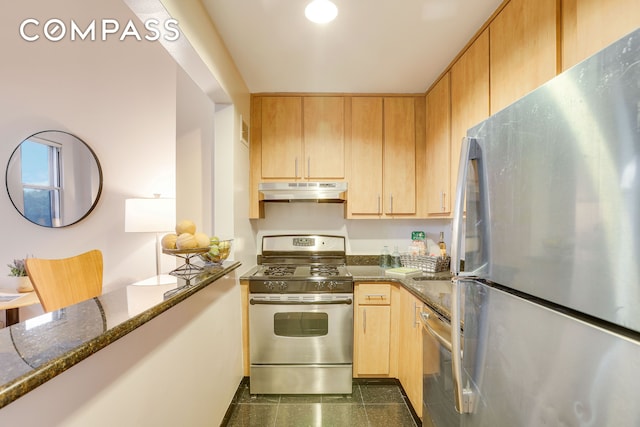 kitchen with stainless steel appliances, granite finish floor, under cabinet range hood, and dark stone countertops