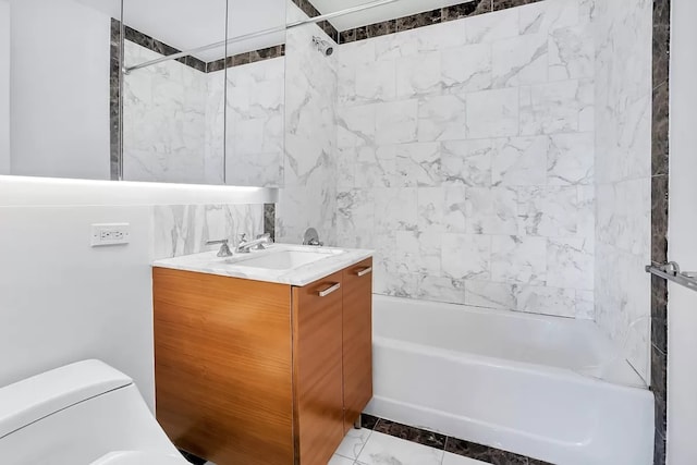 full bathroom with toilet, bathtub / shower combination, tile walls, and vanity