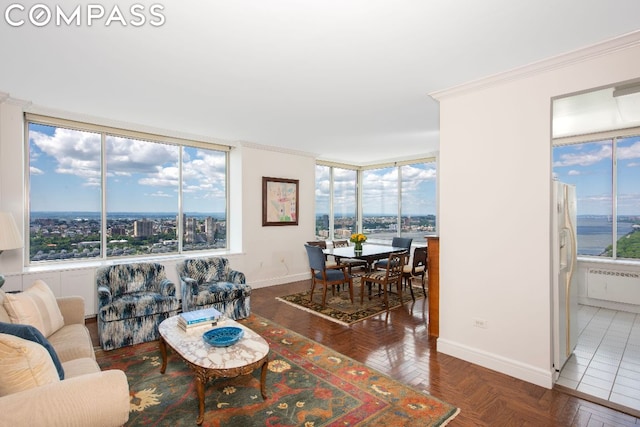 living room featuring parquet floors and crown molding