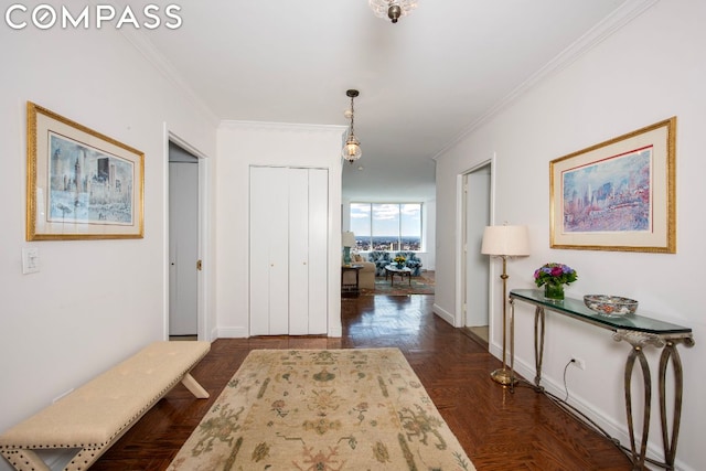 corridor with dark parquet floors and ornamental molding