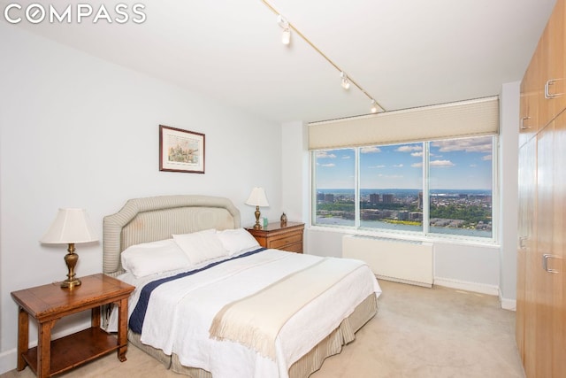 bedroom with light colored carpet, radiator heating unit, and track lighting