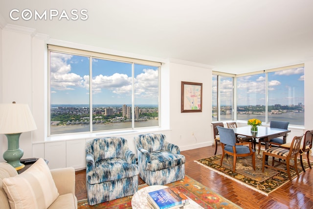 living area with baseboards, ornamental molding, and a city view