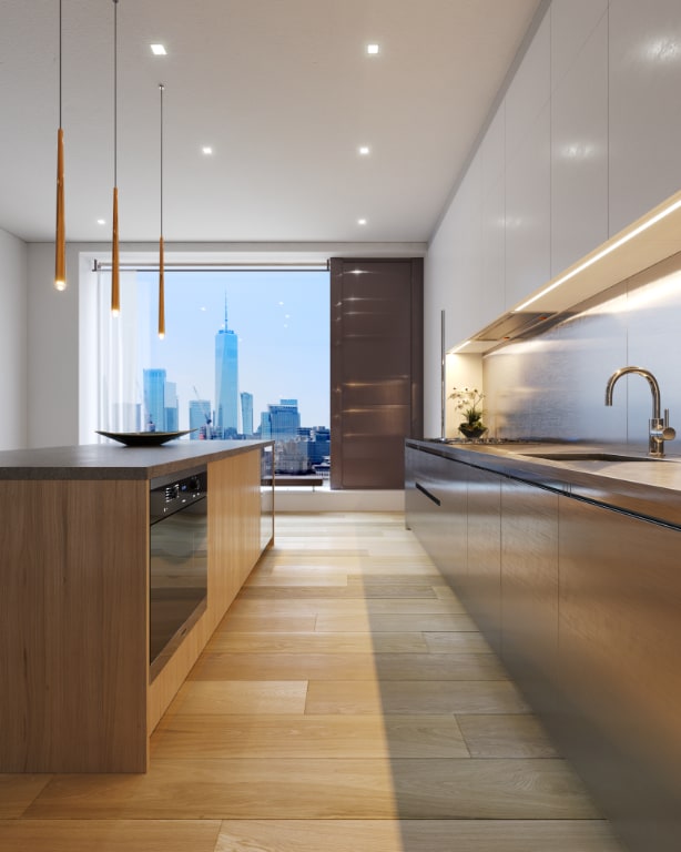 kitchen with decorative light fixtures, white cabinetry, sink, oven, and light hardwood / wood-style flooring