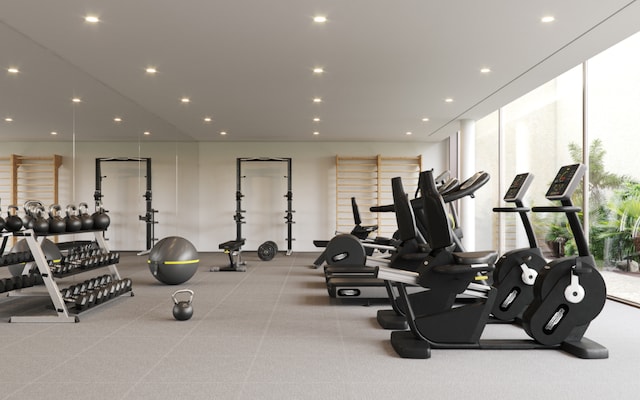 exercise room with expansive windows