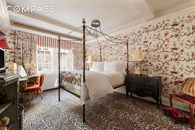 carpeted bedroom with wallpapered walls, crown molding, and baseboards