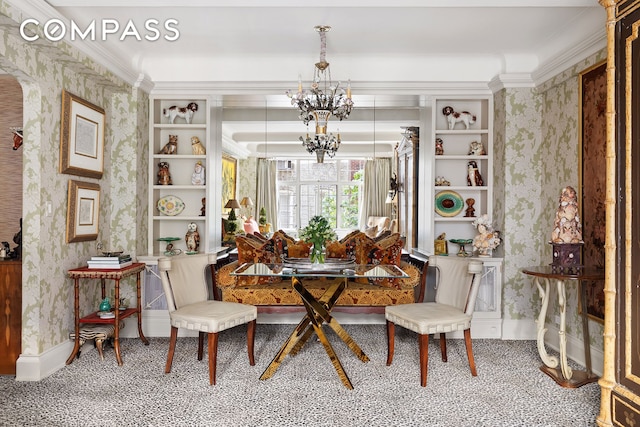 carpeted dining area with wallpapered walls, ornamental molding, baseboards, and a chandelier