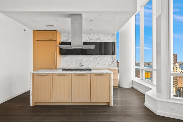 kitchen featuring island exhaust hood, dark hardwood / wood-style floors, decorative backsplash, and light brown cabinets