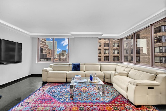 living room featuring a view of city and baseboards