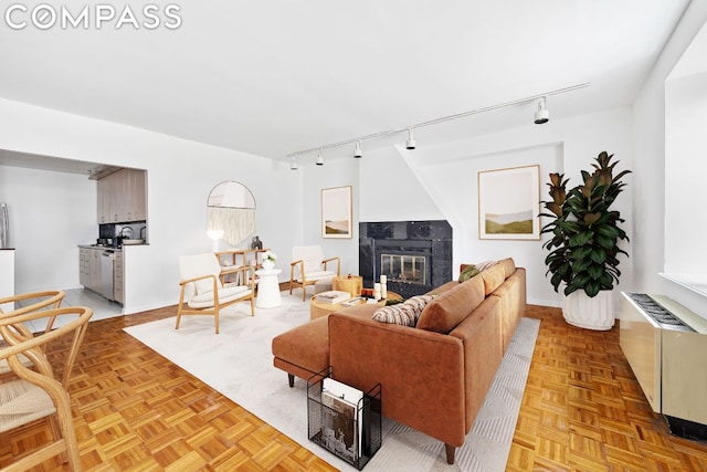 living room with radiator heating unit, a premium fireplace, rail lighting, and light parquet floors