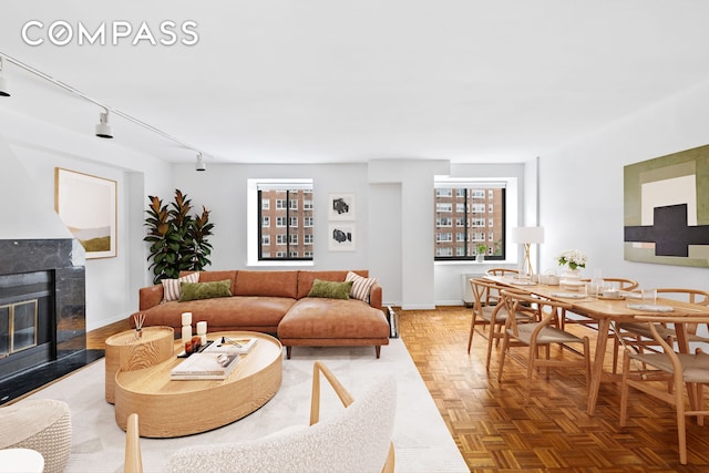 living area with baseboards, a premium fireplace, and track lighting