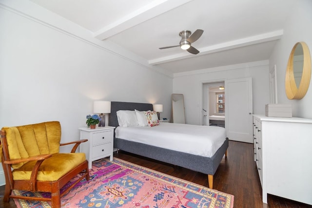 bedroom with dark hardwood / wood-style floors, ceiling fan, and beam ceiling