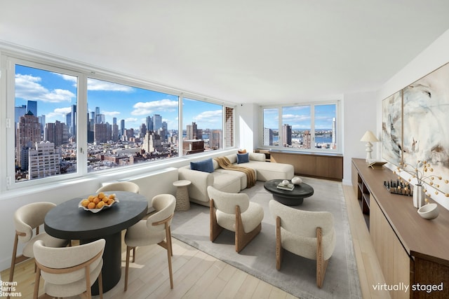 sunroom with a city view