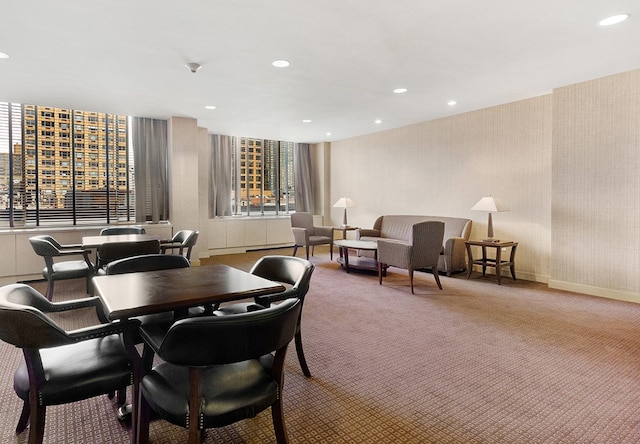 dining room with baseboards, recessed lighting, carpet, and wallpapered walls