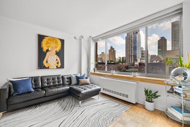 living room with radiator, ornamental molding, and a city view