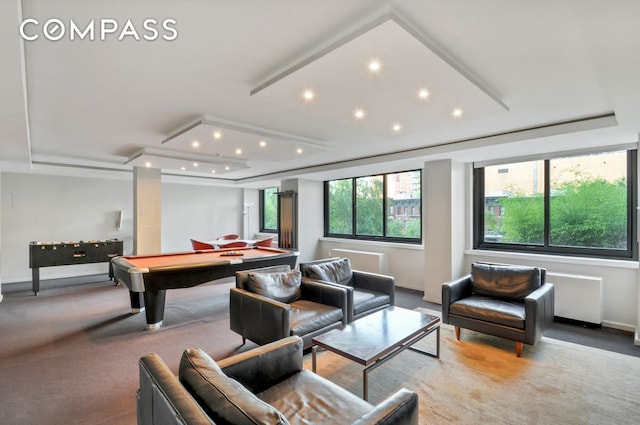 515 E 72nd St Unit 3Klmn, New York City, NY 10021 - game room featuring a raised ceiling, carpet, recessed lighting, baseboards, and billiards