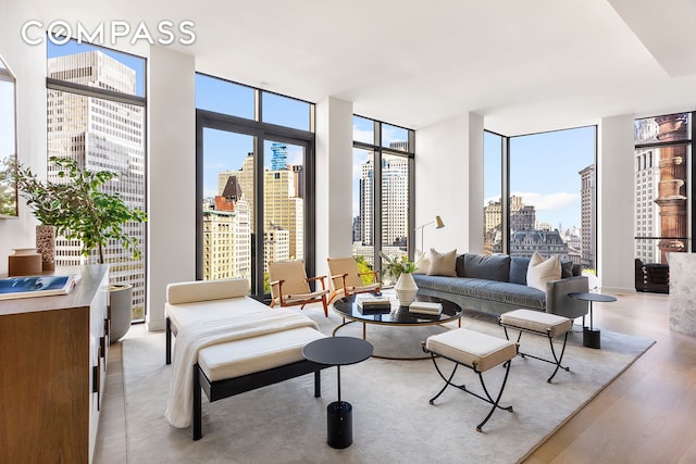 living area featuring light wood-type flooring, expansive windows, and a view of city