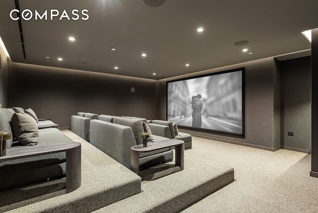 home theater with recessed lighting, baseboards, and carpet floors