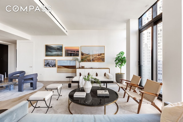 living area featuring wood finished floors and floor to ceiling windows