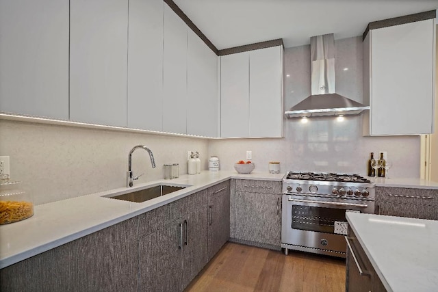 kitchen featuring white cabinets, stainless steel range, wall chimney range hood, tasteful backsplash, and sink