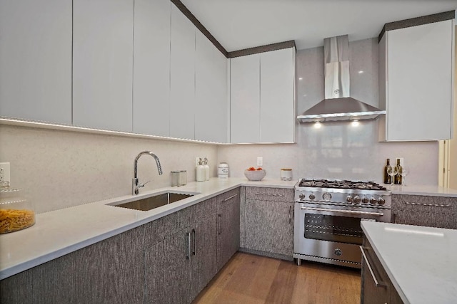 kitchen featuring white cabinetry, stainless steel range, decorative backsplash, wall chimney range hood, and sink