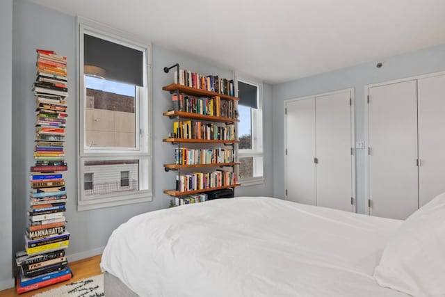 bedroom with two closets and light hardwood / wood-style flooring