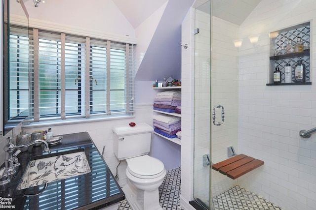 bathroom with lofted ceiling, toilet, a shower with shower door, and sink