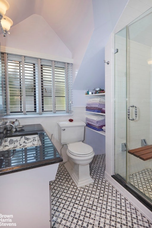 bathroom with sink, a shower with shower door, toilet, and vaulted ceiling