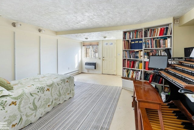 bedroom featuring heating unit, a baseboard heating unit, concrete floors, and a textured ceiling