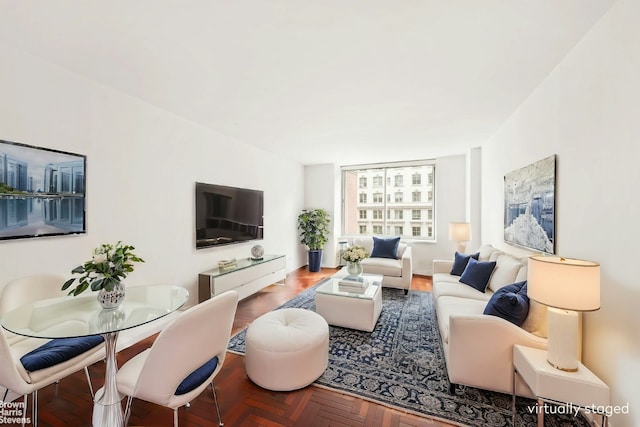 living room with parquet floors