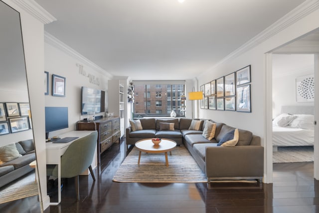 living room featuring crown molding and dark hardwood / wood-style floors