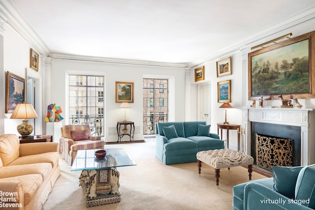 living room featuring carpet floors and ornamental molding