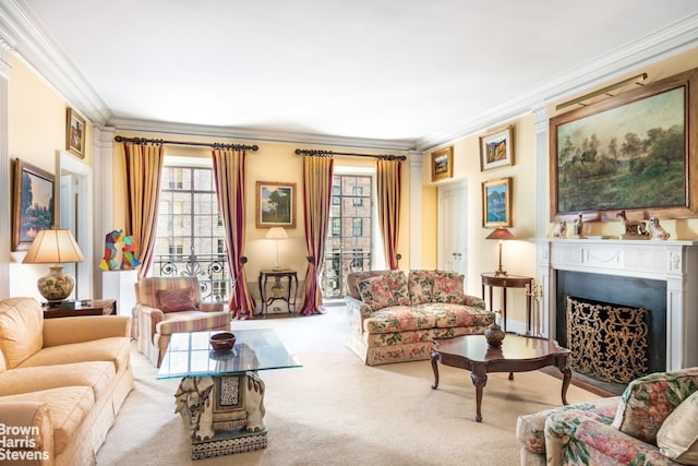 living room featuring crown molding and carpet floors