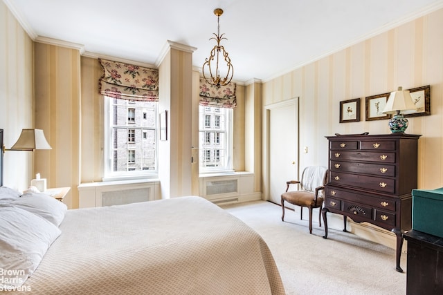 bedroom with light colored carpet and crown molding