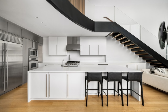 kitchen with a breakfast bar area, white cabinets, a kitchen island with sink, built in appliances, and wall chimney range hood