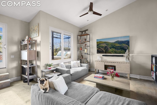 living room featuring baseboard heating, ceiling fan, and lofted ceiling