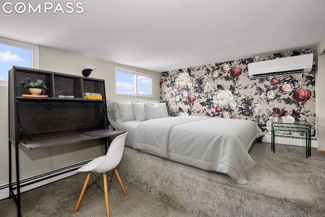 carpeted bedroom with a wall mounted AC