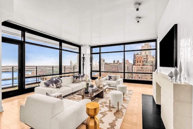 living room with light parquet floors, plenty of natural light, and expansive windows