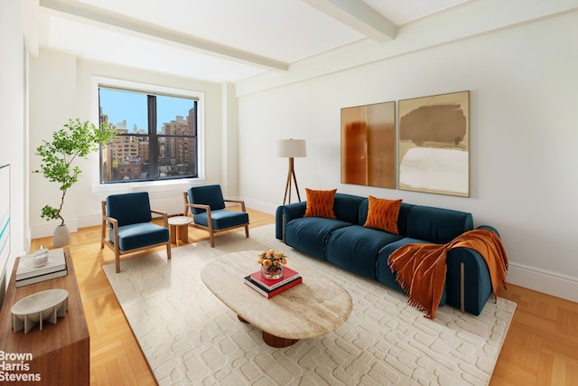 living room featuring parquet flooring and beam ceiling