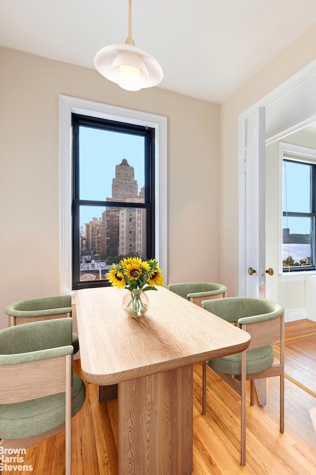 dining room featuring a view of city and light wood-type flooring