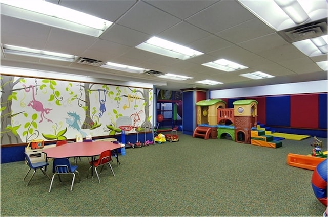 rec room with carpet floors and a drop ceiling