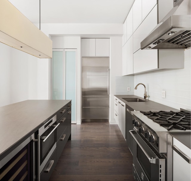 kitchen featuring ventilation hood, a sink, high quality appliances, white cabinets, and dark wood finished floors
