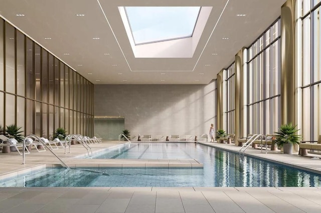 view of pool with a skylight