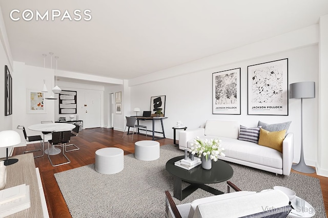 living area with dark wood-style floors