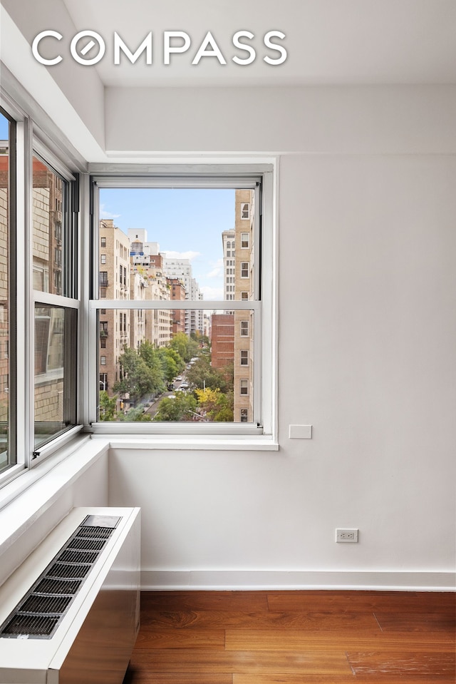 details with radiator heating unit, baseboards, a city view, and wood finished floors
