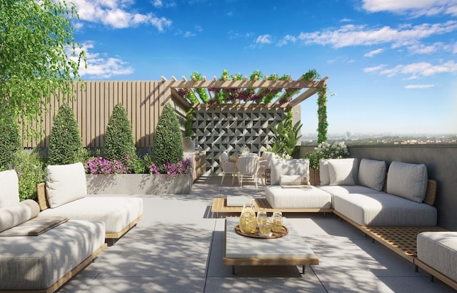 view of patio / terrace with an outdoor living space and a pergola