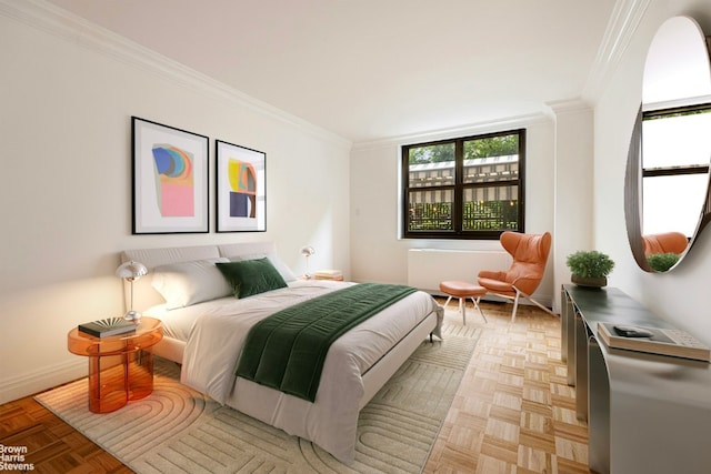 bedroom featuring light parquet flooring and ornamental molding