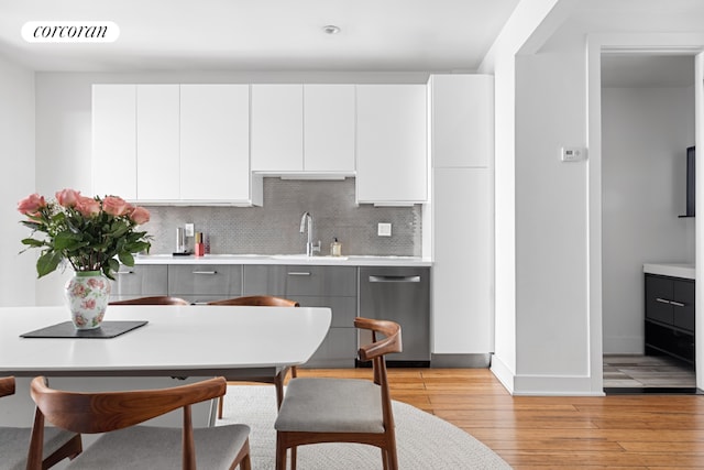 kitchen featuring white cabinets, light countertops, dishwasher, and a sink